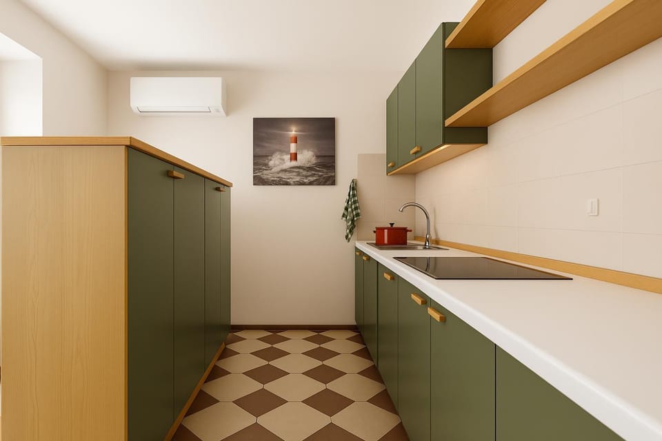 Kitchen or kitchenette, stove, wardrobe