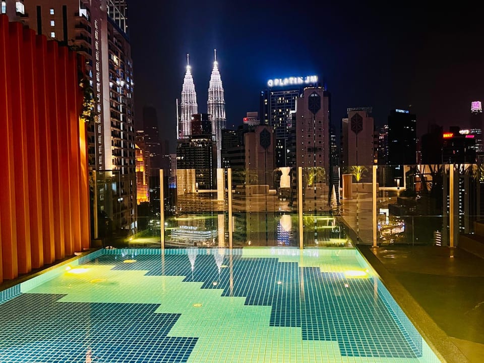 Night, City view, Pool view, Swimming pool