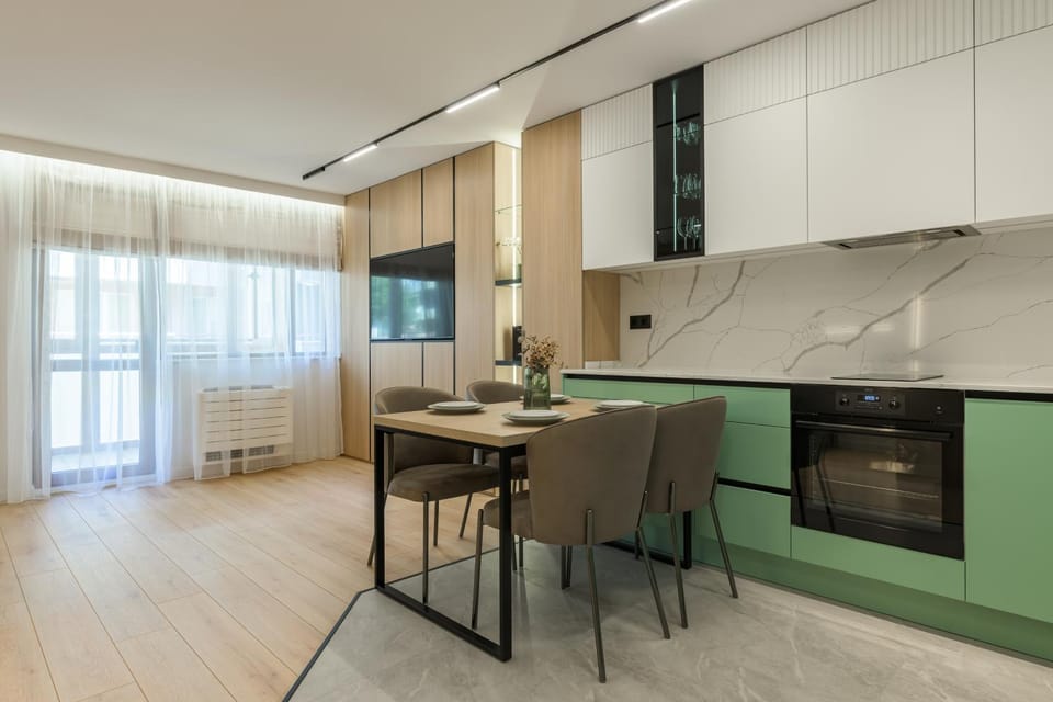 Kitchen or kitchenette, Living room, Seating area, Dining area, stove