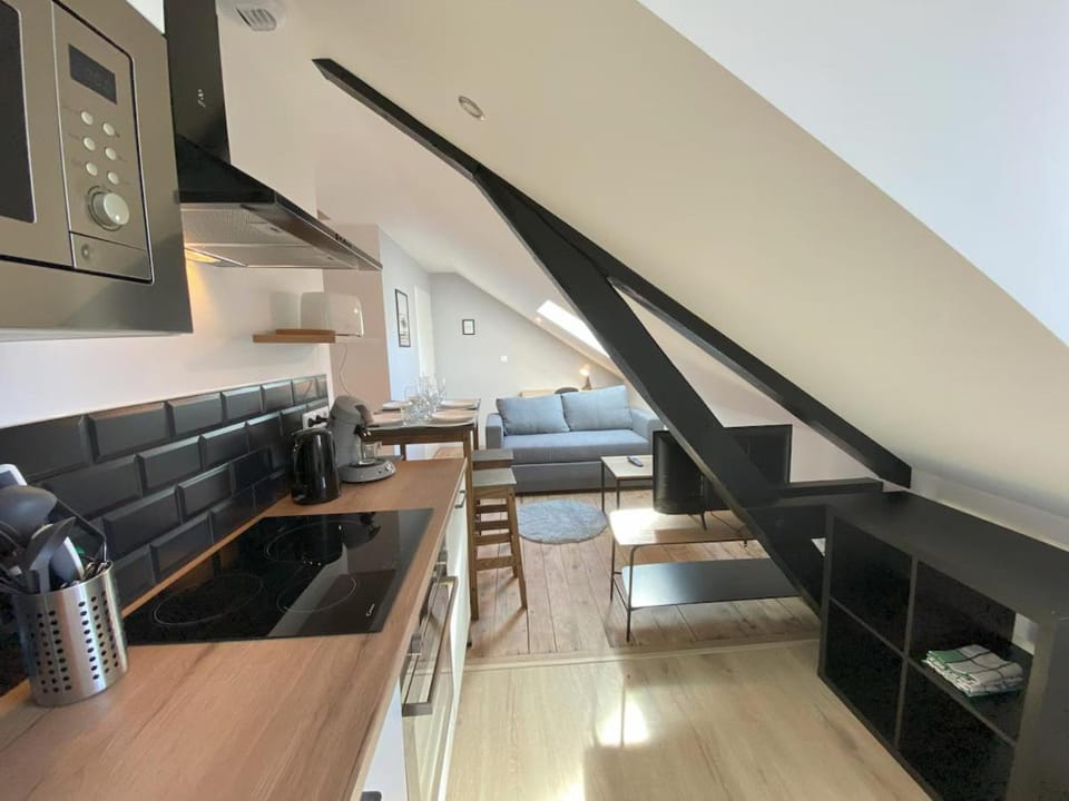 Kitchen or kitchenette, Living room, Dining area, stove