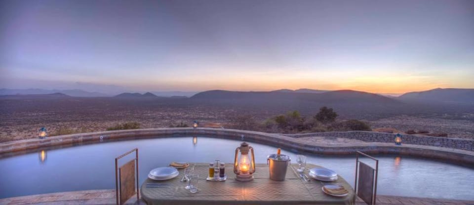 Patio, Day, Natural landscape, View (from property/room), Pool view, Swimming pool, Sunset