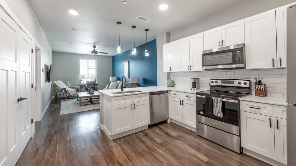 Kitchen or kitchenette, dishwasher, oven, stove