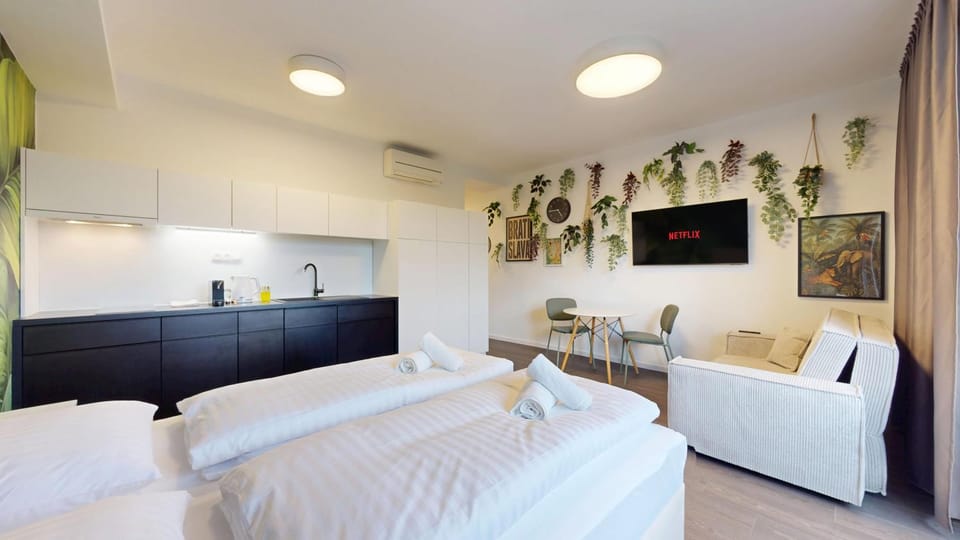 Bed, TV and multimedia, Kitchen or kitchenette, Photo of the whole room, Seating area, Bedroom