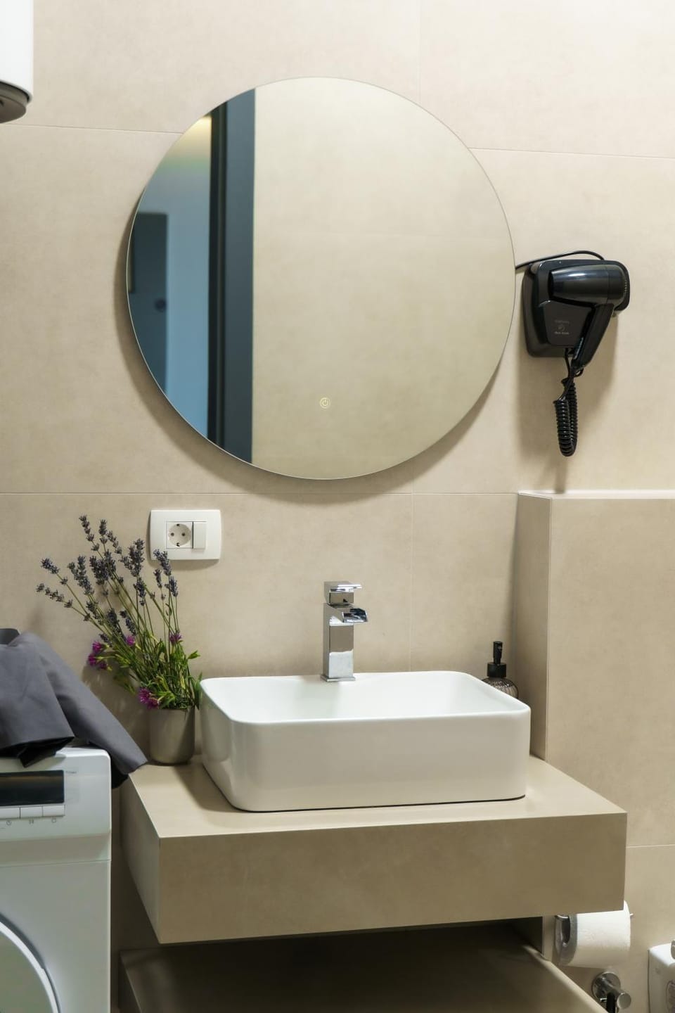 Bathroom, hair dryier, washing machine