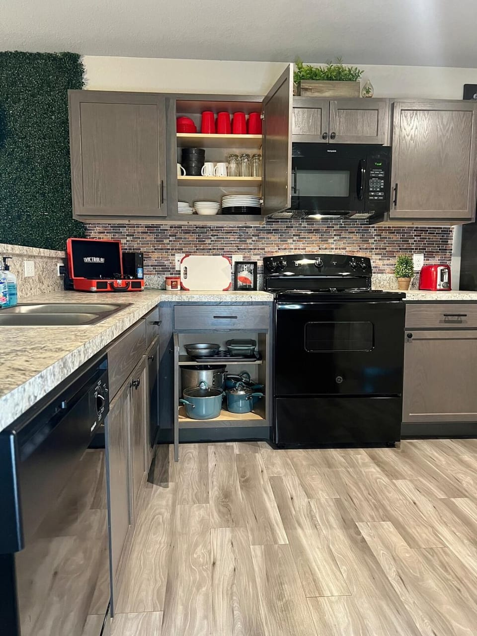 Kitchen or kitchenette, dishwasher, stove, toaster