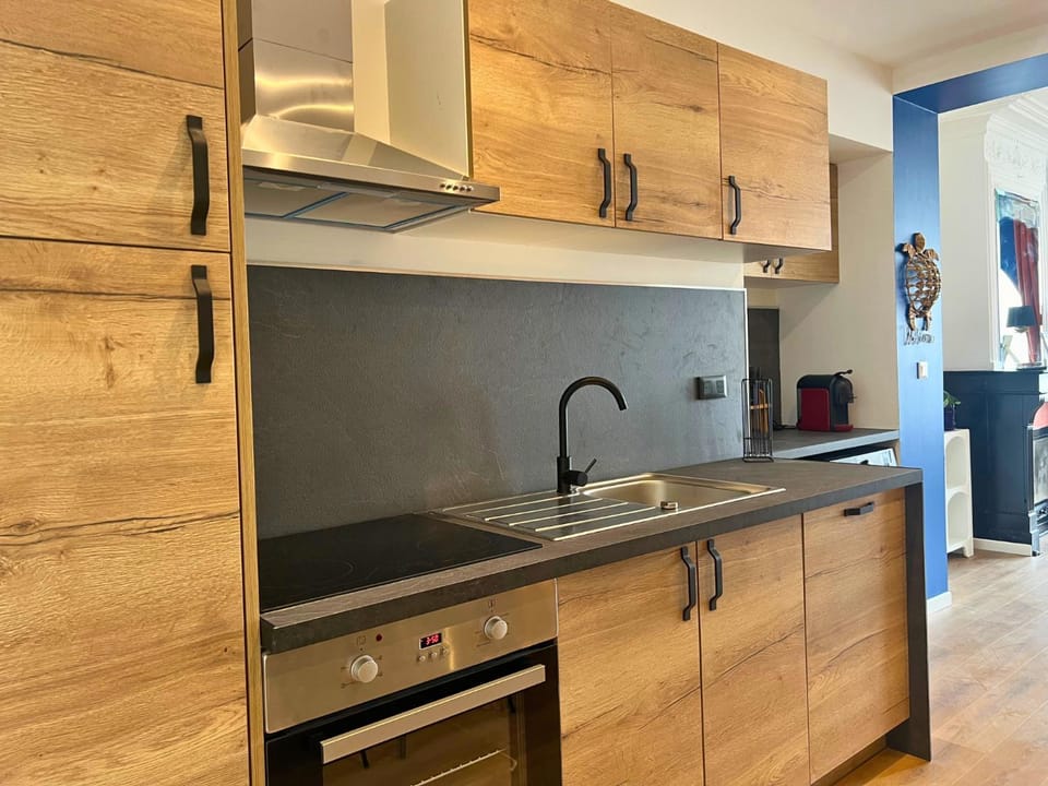 Kitchen or kitchenette, dishwasher, oven, stove