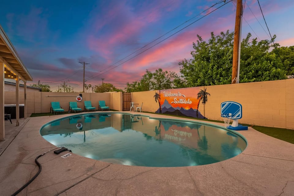 Patio, Natural landscape, Pool view, Swimming pool, Sunset, sunbed