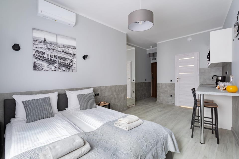 Bed, TV and multimedia, Kitchen or kitchenette, Photo of the whole room, Seating area, towels, air conditioner
