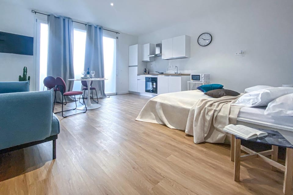 Bed, TV and multimedia, Kitchen or kitchenette, Living room, Photo of the whole room, Bedroom, oven