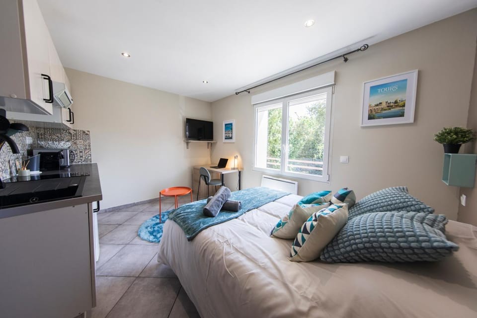 Bed, TV and multimedia, Kitchen or kitchenette, Living room, Photo of the whole room, Seating area, Bedroom