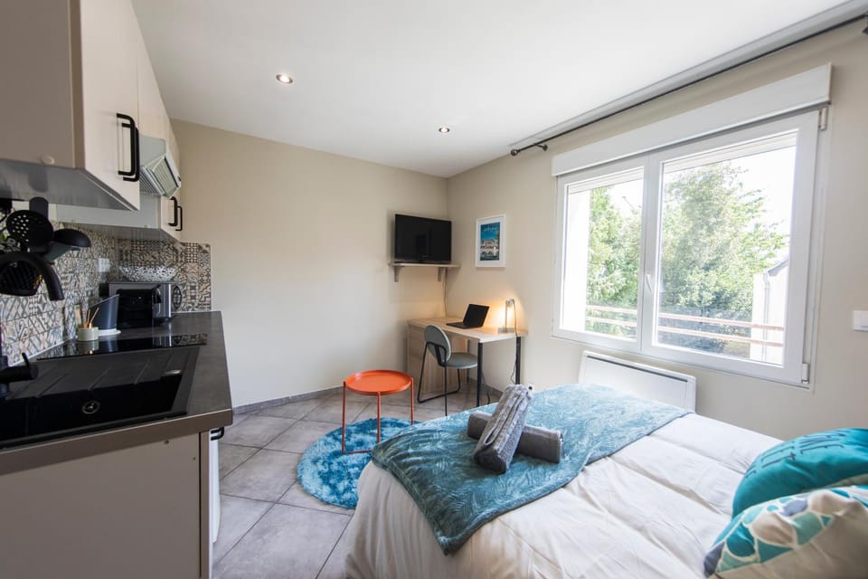 Communal lounge/ TV room, Bed, TV and multimedia, Kitchen or kitchenette, Living room, Photo of the whole room, Seating area, Bedroom