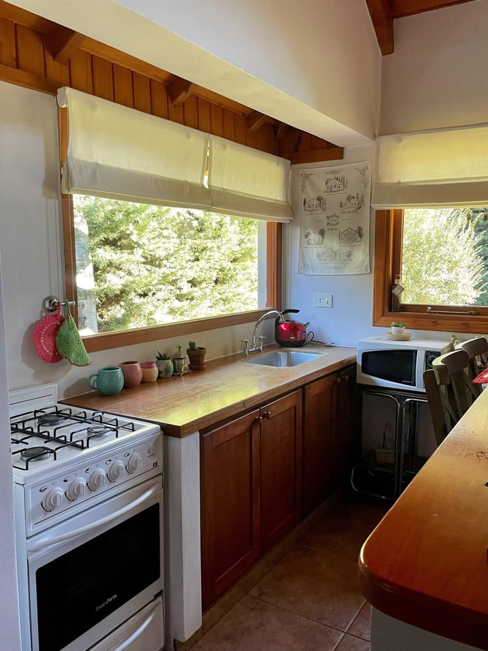 Kitchen or kitchenette, microwave, oven, stove