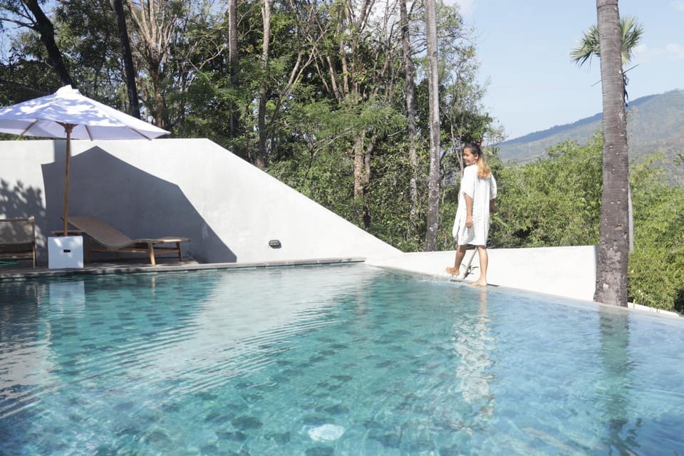 Natural landscape, Pool view, Swimming pool, group of guests, sunbed