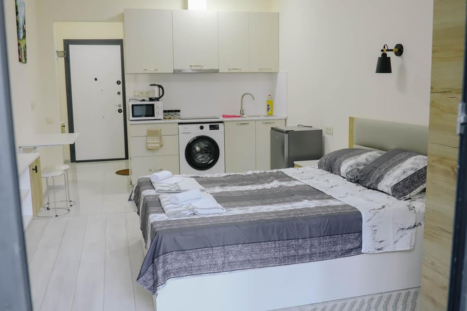 Bed, Kitchen or kitchenette, Photo of the whole room, Bedroom, minibar, oven, pet friendly, towels, washing machine, dryer