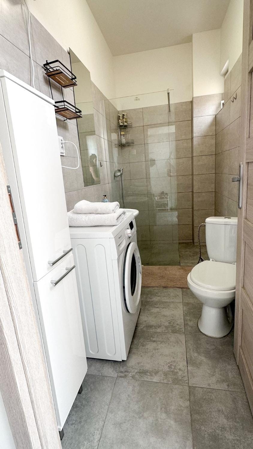 Shower, Toilet, Bathroom, towels, washing machine