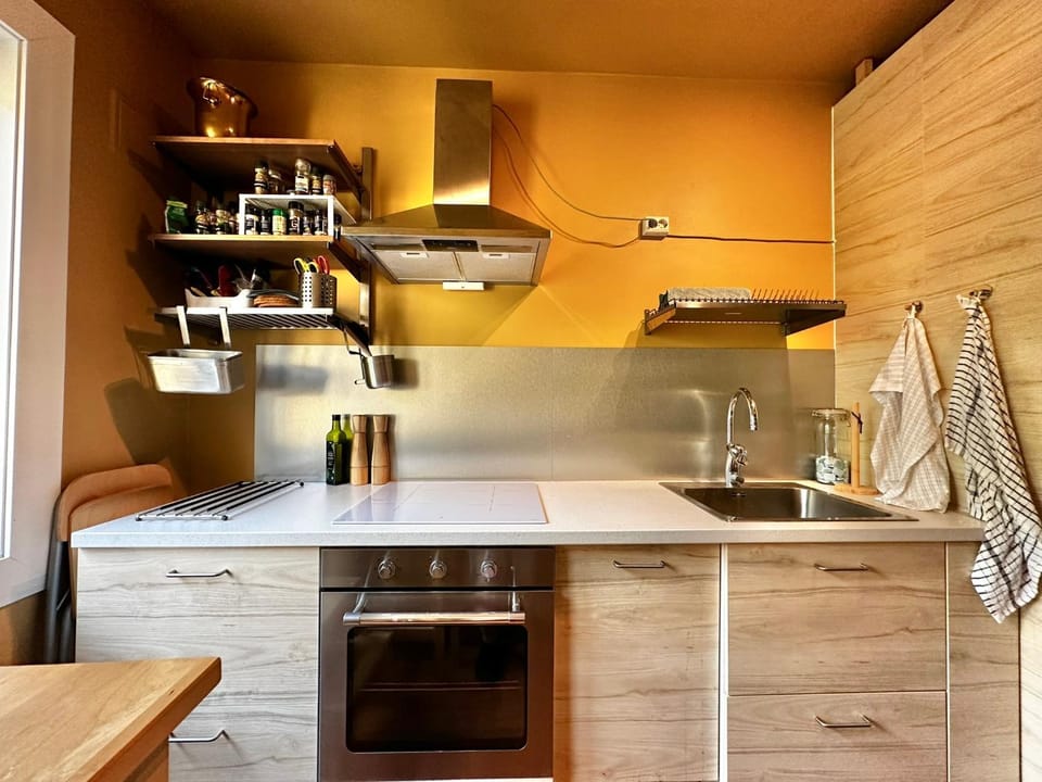 Kitchen or kitchenette, stove