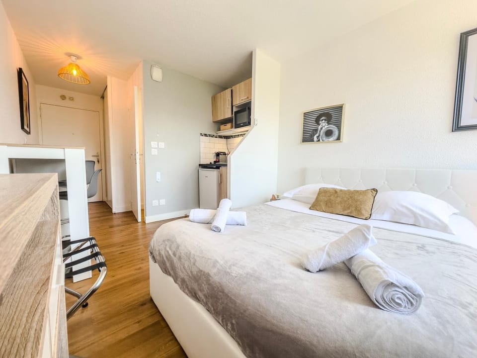 Bed, Kitchen or kitchenette, Photo of the whole room, Bedroom, minibar, oven, towels, wardrobe