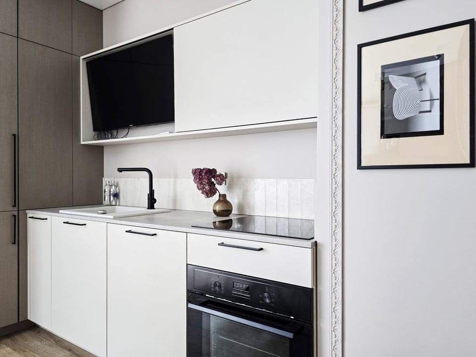 Kitchen or kitchenette, dishwasher, oven, stove