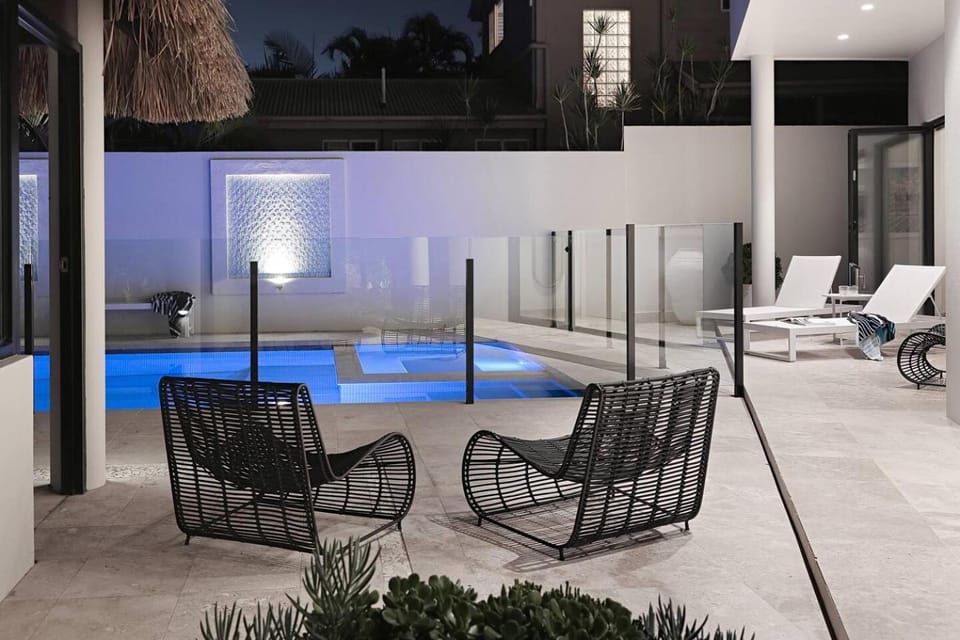 Night, Seating area, Pool view, Swimming pool