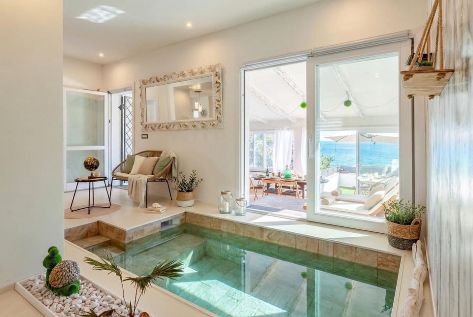 Living room, Photo of the whole room, Pool view, Sea view, Swimming pool