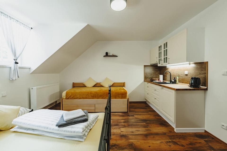 Bed, kitchen