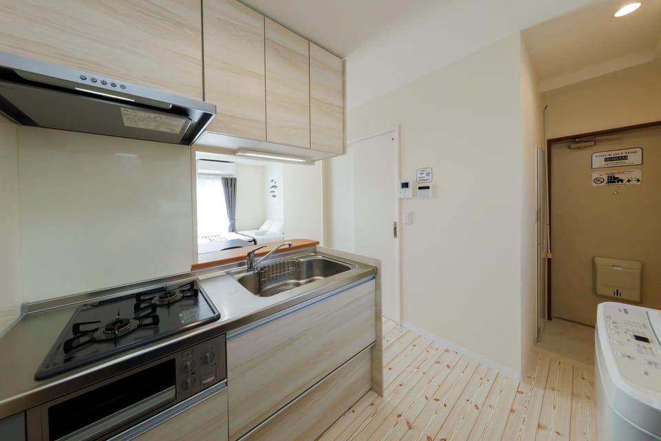 Kitchen or kitchenette, stove, washing machine