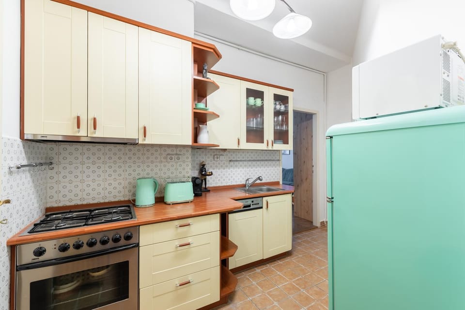Kitchen or kitchenette, dishwasher, oven, stove