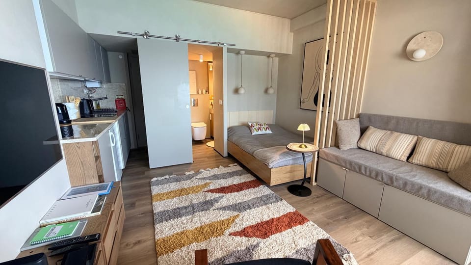 Bed, TV and multimedia, Kitchen or kitchenette, Living room, Seating area, Bedroom