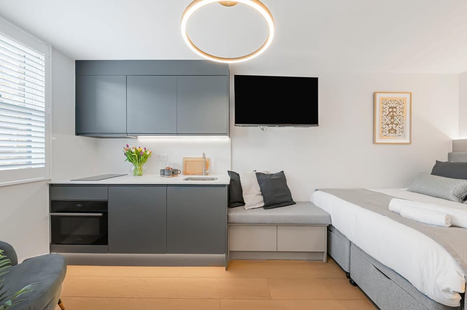Bed, TV and multimedia, Kitchen or kitchenette, Seating area, microwave, oven, stove
