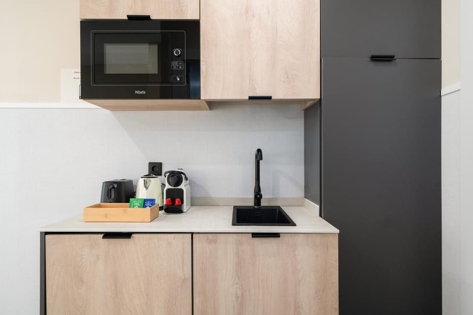 Kitchen or kitchenette, microwave