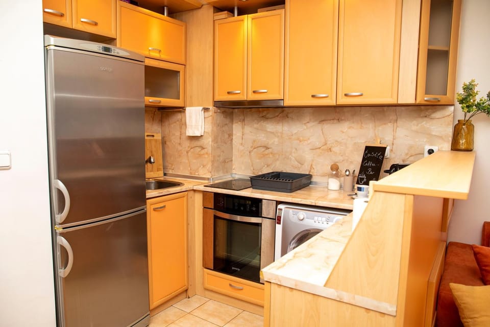 Kitchen or kitchenette, minibar, oven, stove, washing machine