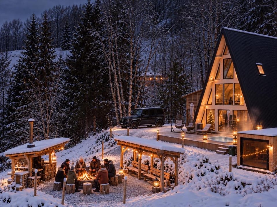 Property building, Night, Natural landscape, Winter, group of guests