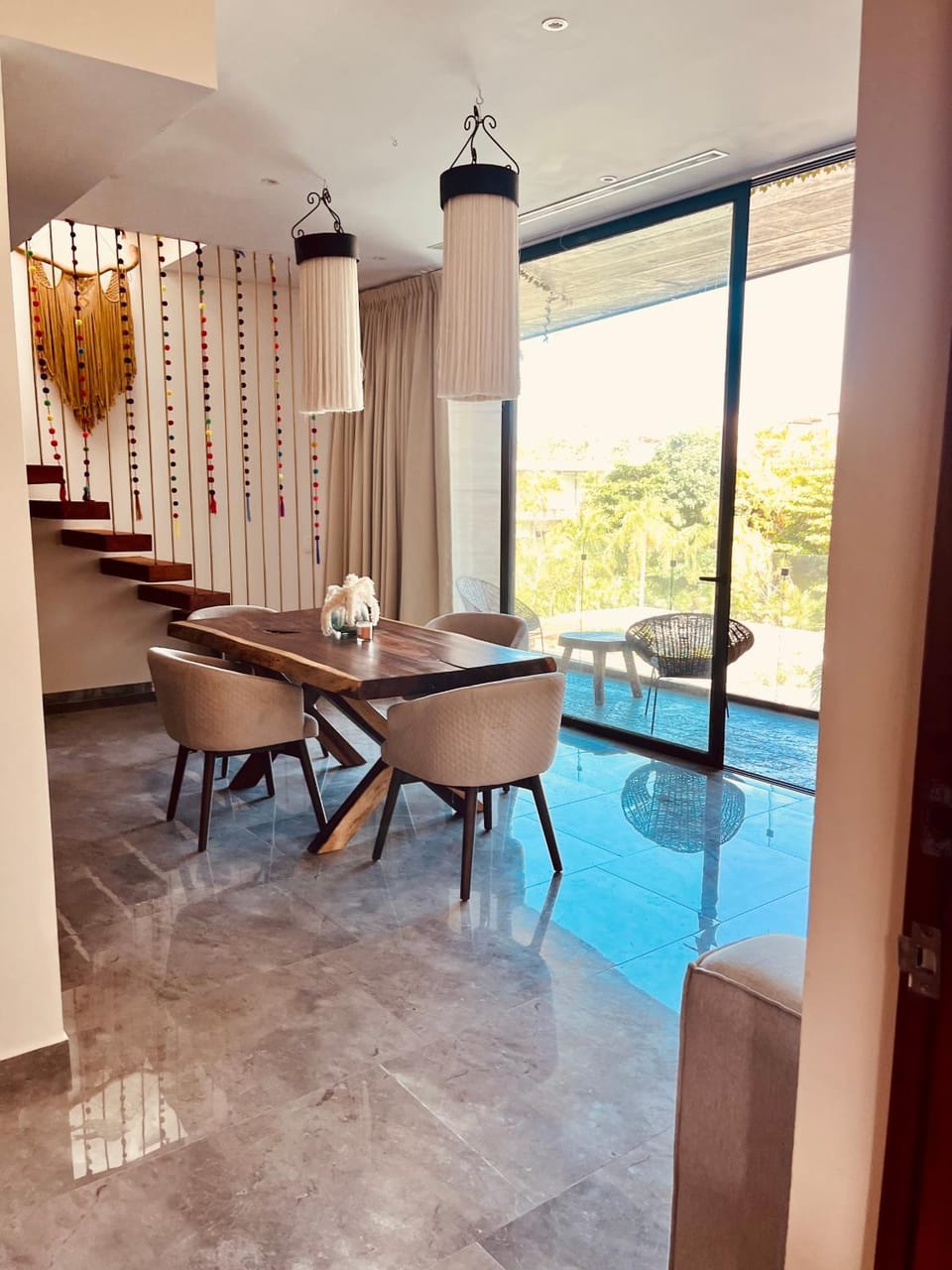 Living room, Seating area, Dining area, Pool view