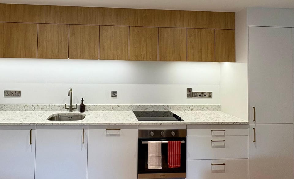 Kitchen or kitchenette, dishwasher, oven, stove