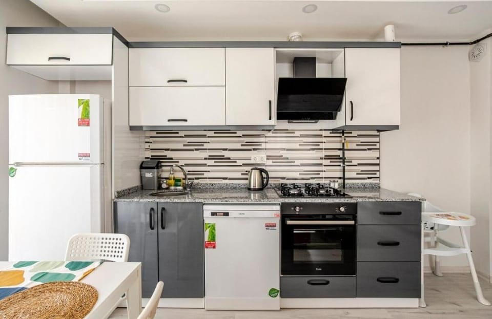 Kitchen or kitchenette, dishwasher, oven, stove
