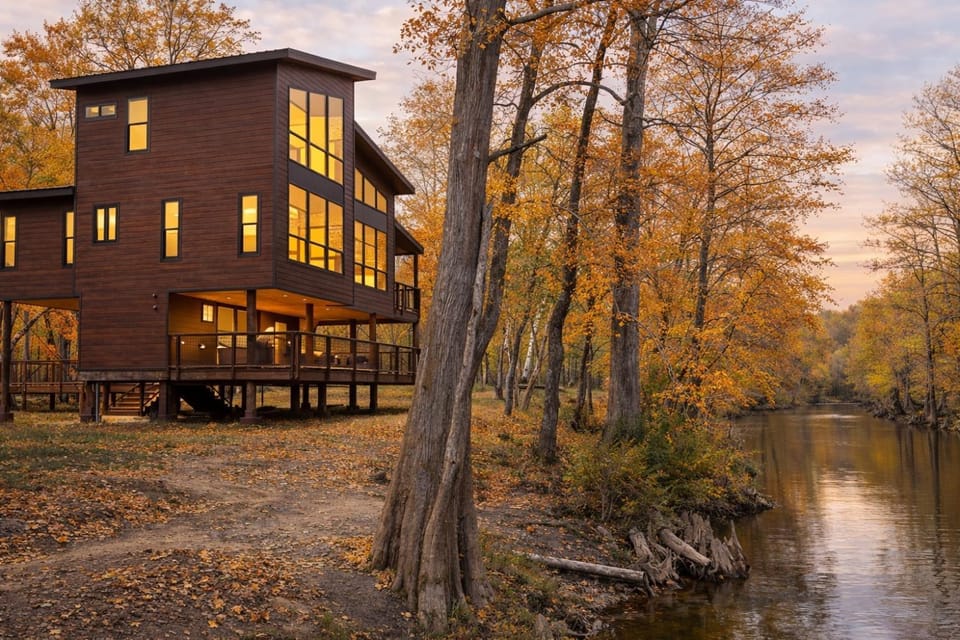 Property building, Natural landscape, Balcony/Terrace, Autumn, River view, Sunset