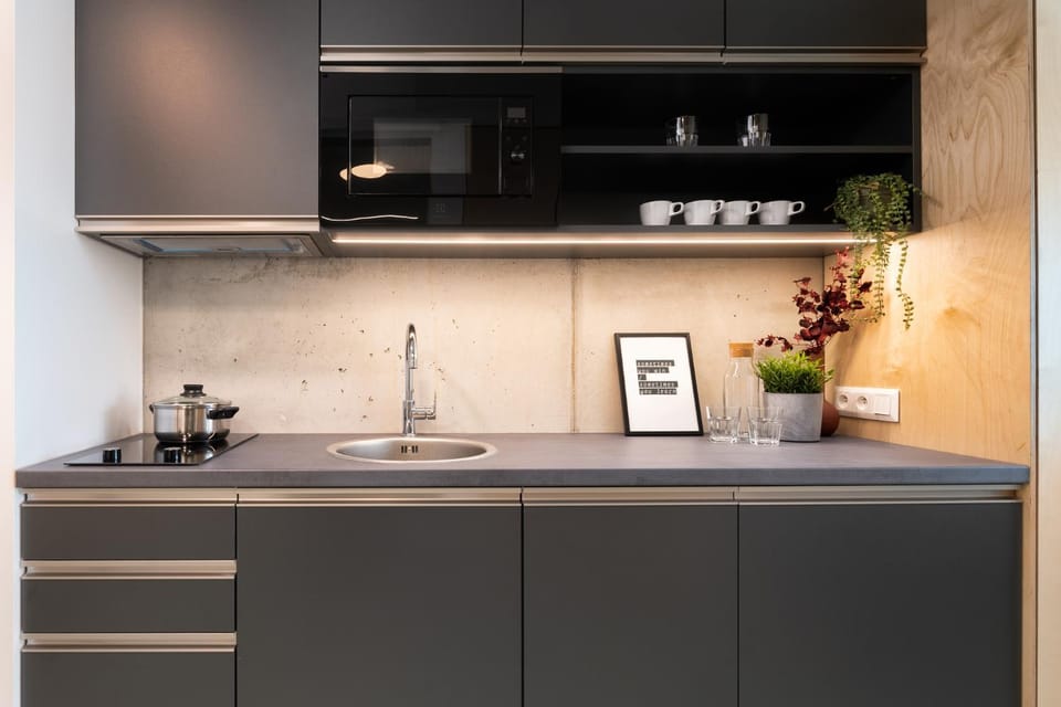 Kitchen or kitchenette, stove