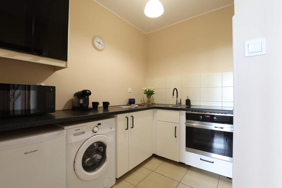 Kitchen or kitchenette, oven, stove, washing machine