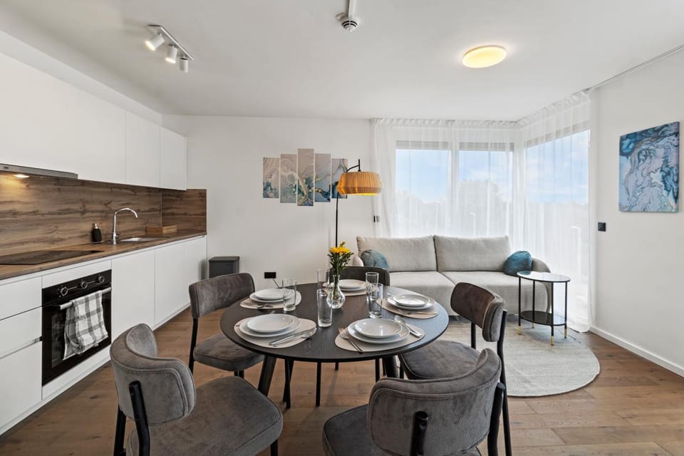 Kitchen or kitchenette, Living room, Seating area, Dining area, stove