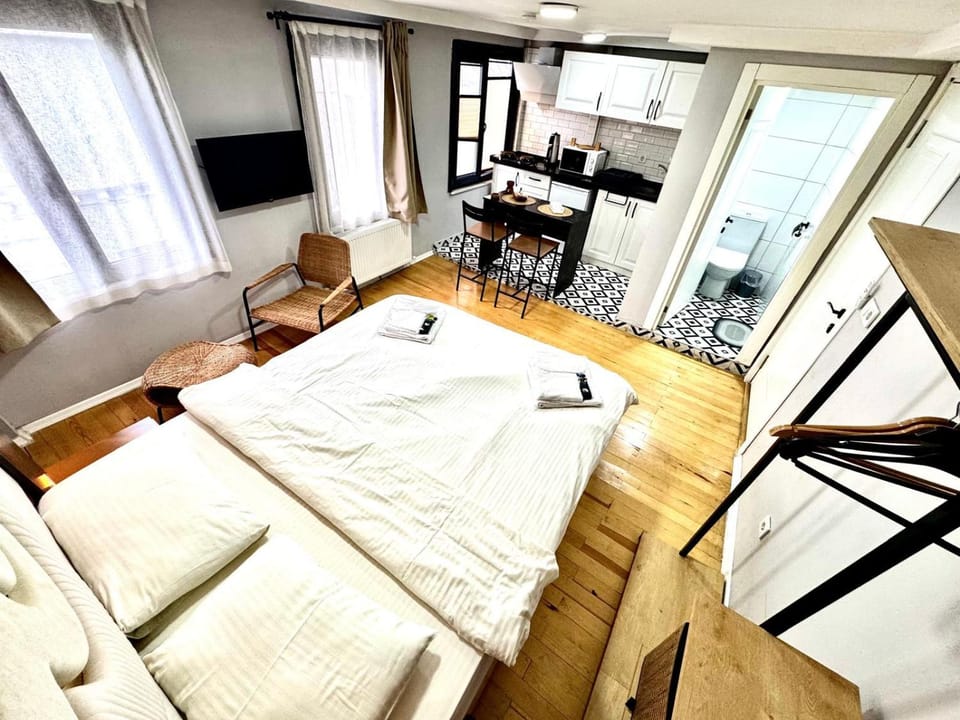 Communal lounge/ TV room, Bed, TV and multimedia, Kitchen or kitchenette, Living room, Photo of the whole room, Seating area, Dining area, Evening entertainment, Bedroom, hair dresser