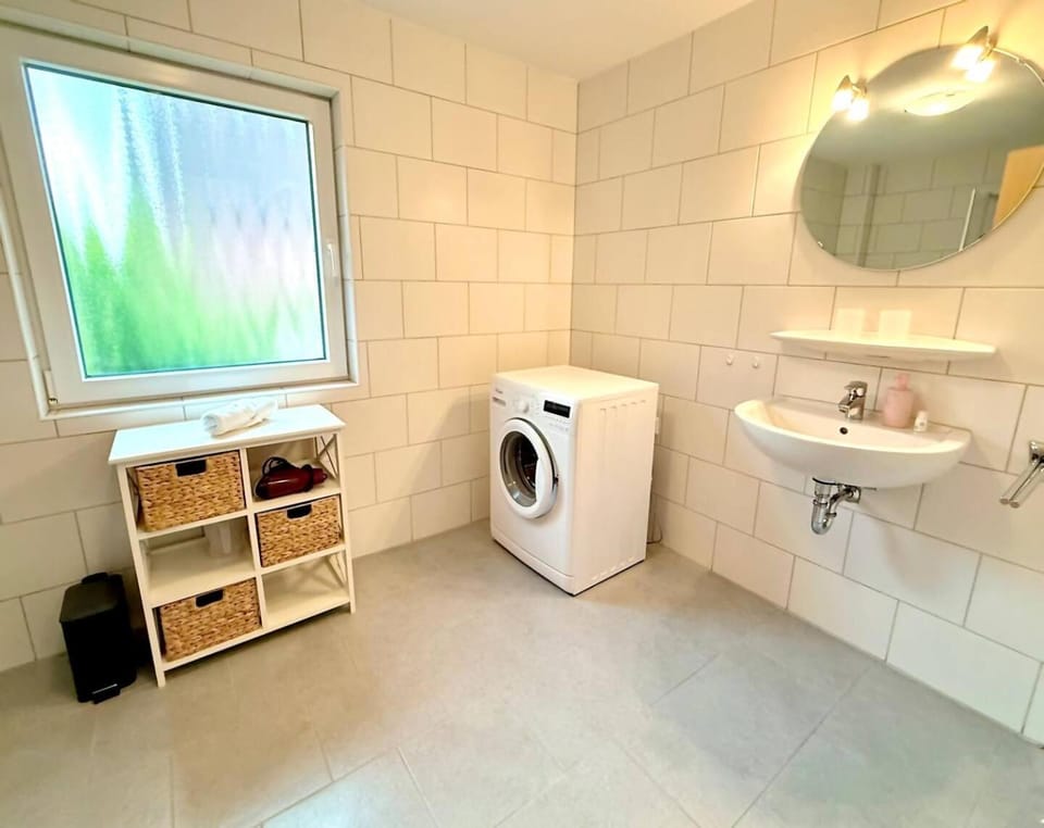 Bathroom, washing machine, dryer