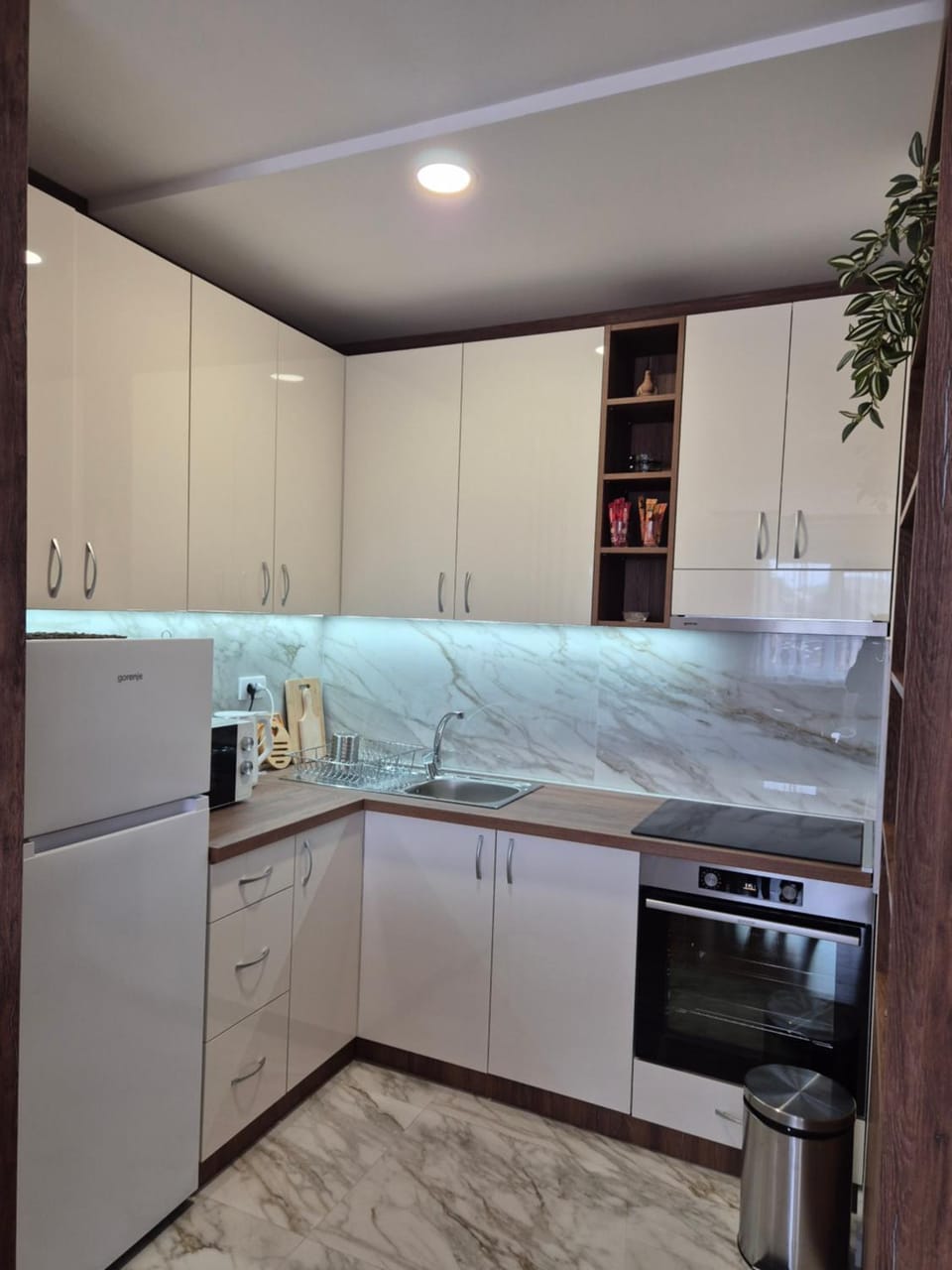 Kitchen or kitchenette, dishwasher, oven, stove
