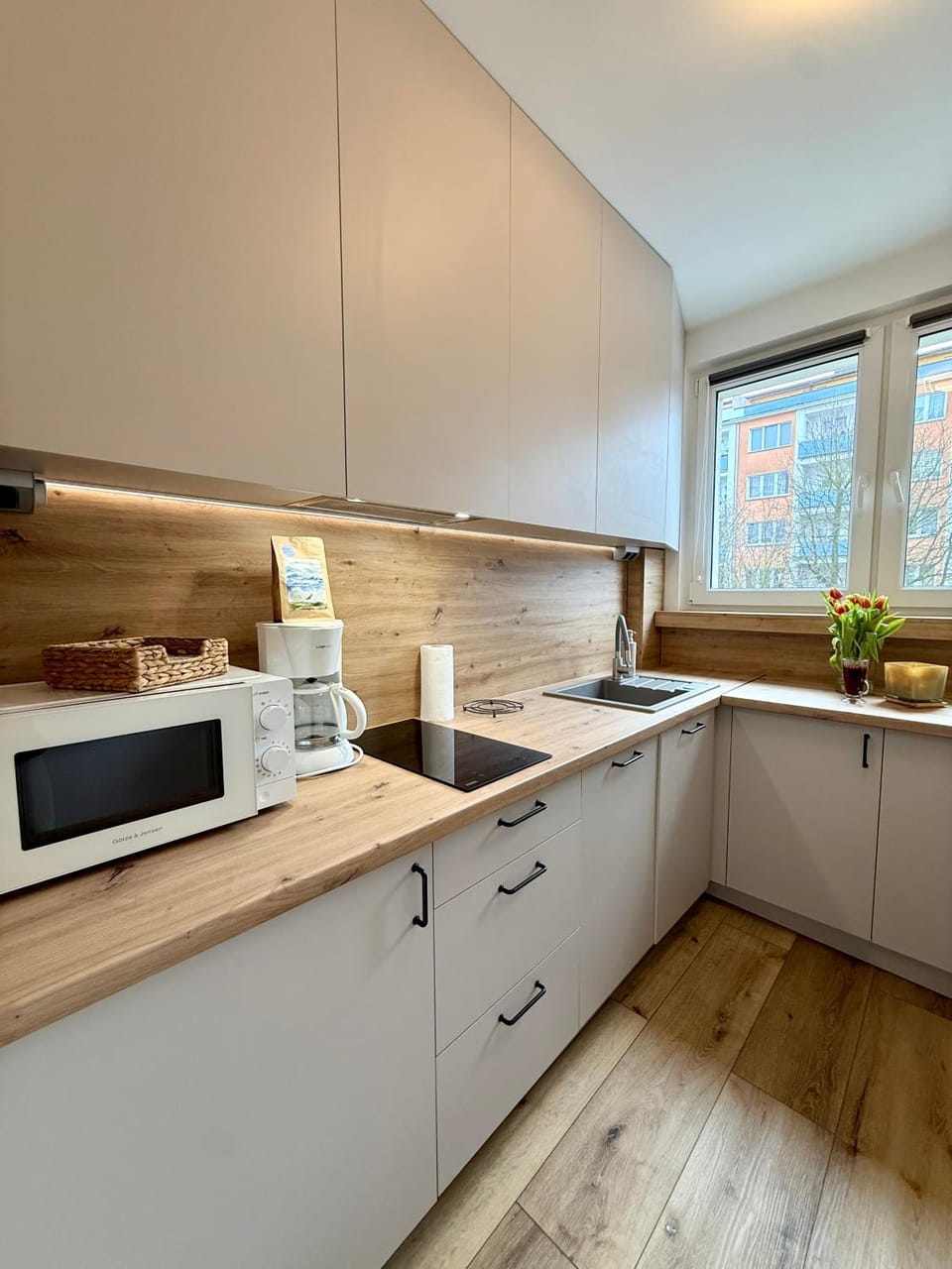 Kitchen or kitchenette, stove