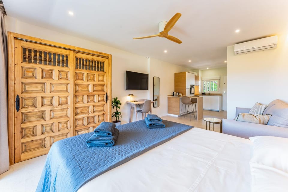 Bed, TV and multimedia, Living room, Photo of the whole room, Seating area, Bedroom, towels, air conditioner