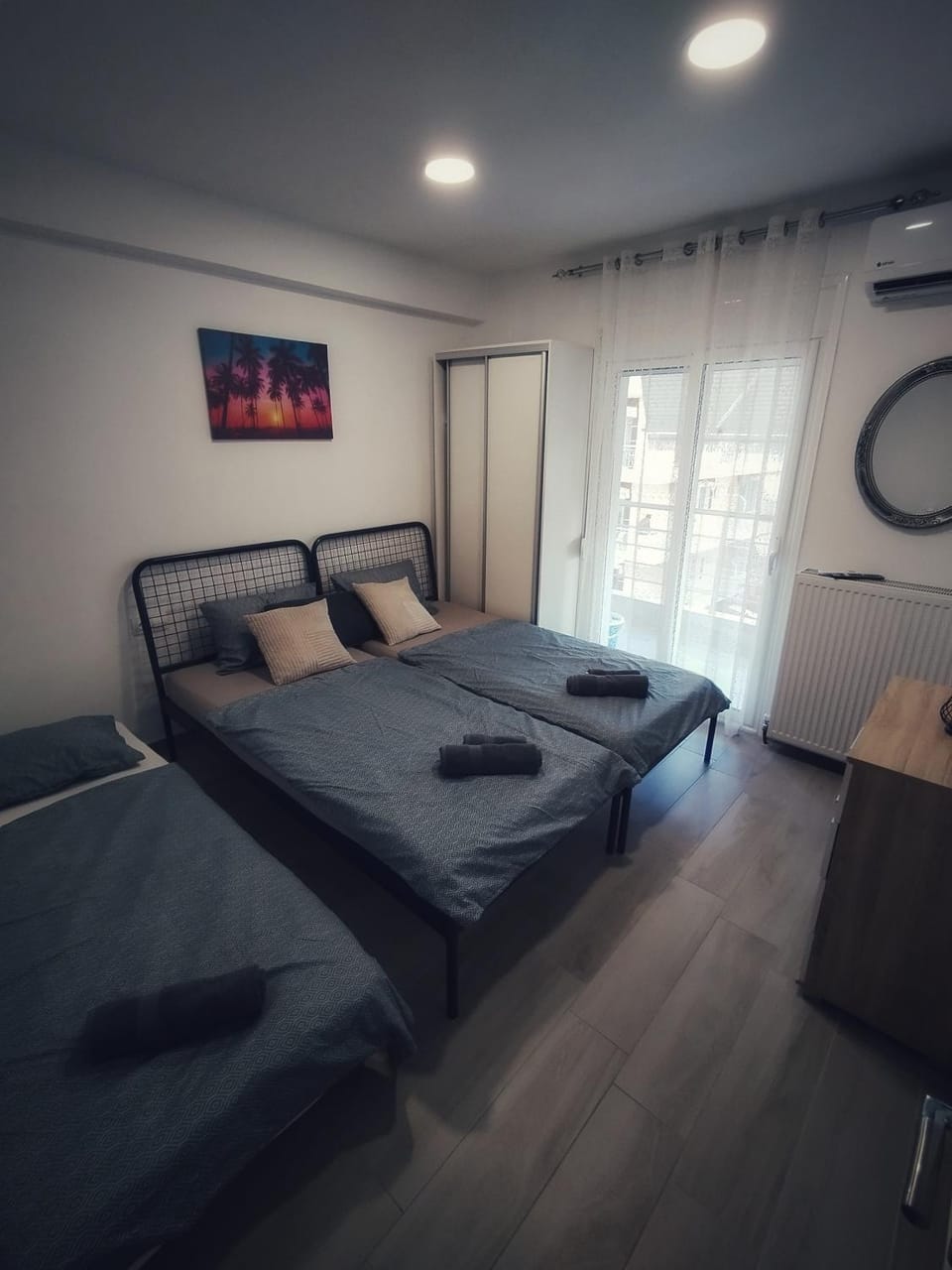 Bed, Photo of the whole room, Bedroom, towels, air conditioner