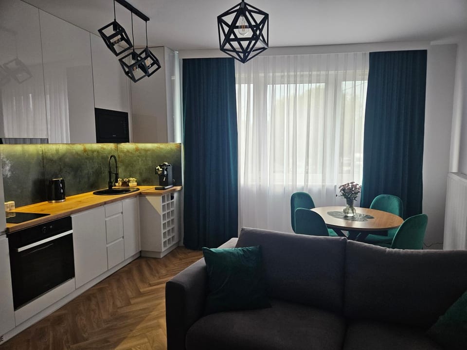Kitchen or kitchenette, Living room, Seating area, Dining area