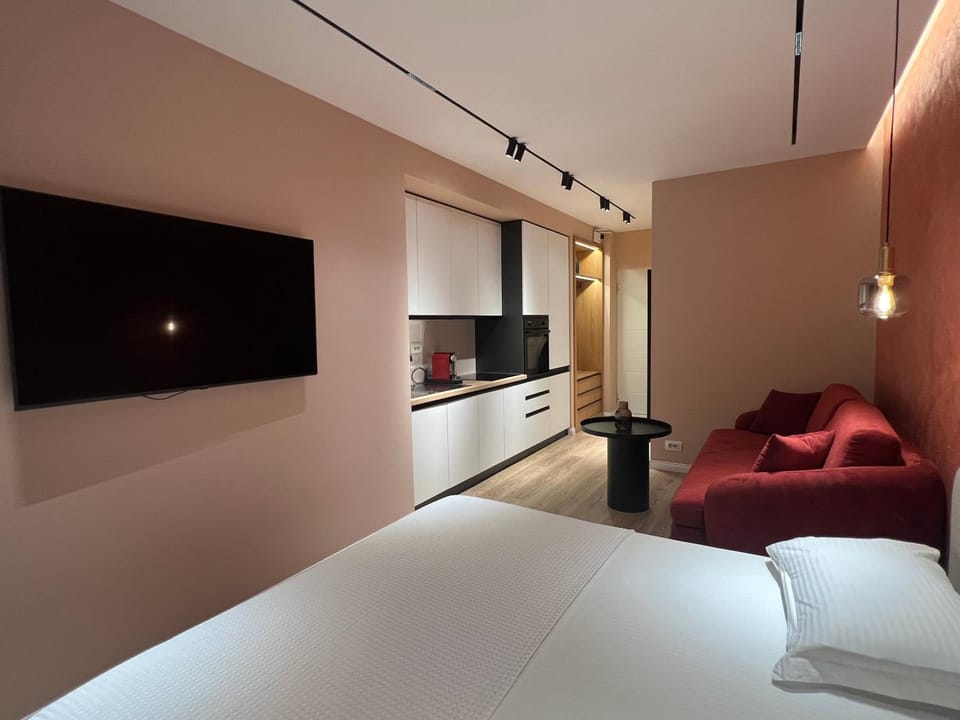 Bed, TV and multimedia, Kitchen or kitchenette, Living room, Photo of the whole room, Seating area, Bedroom, oven