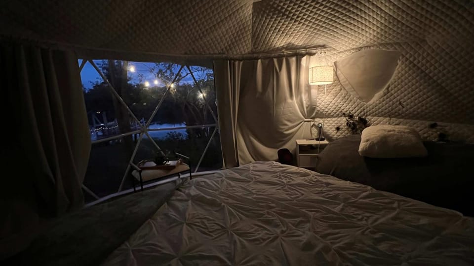 Bed, Night, Natural landscape, Bedroom, Lake view