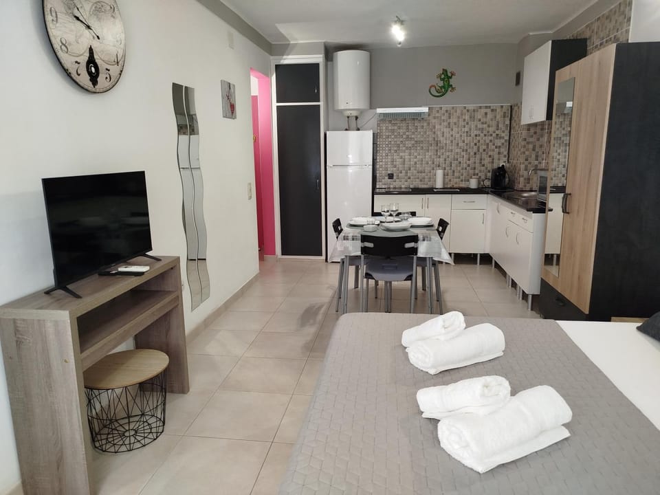 Bed, TV and multimedia, Kitchen or kitchenette, Photo of the whole room, stove, towels