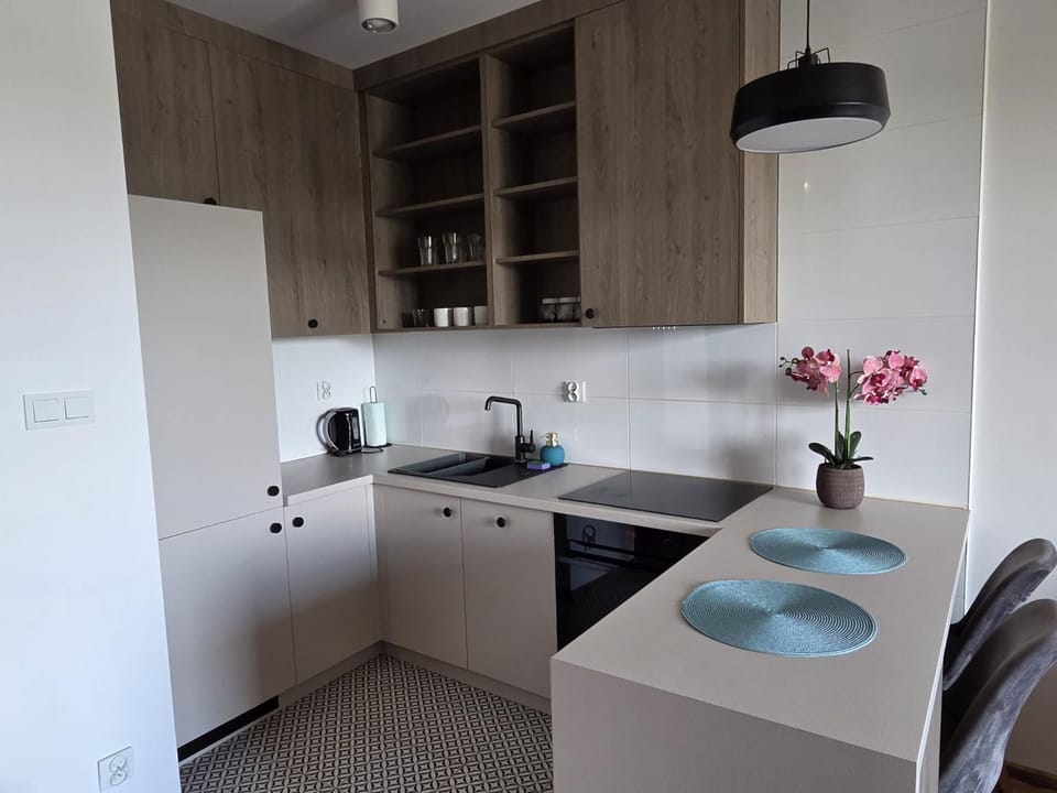 Kitchen or kitchenette, stove
